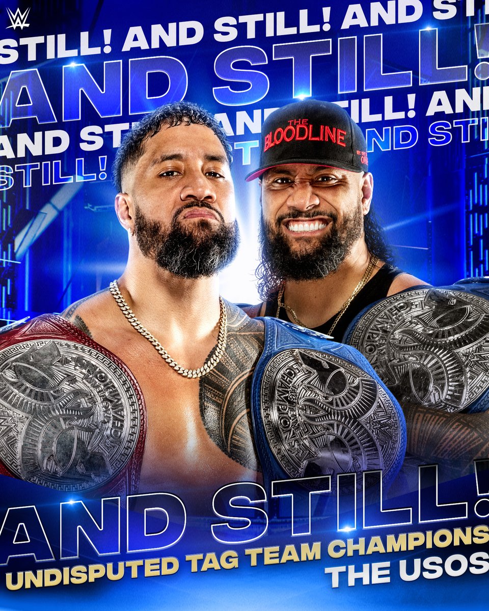 WWE's tweet photo. AND STILL Undisputed WWE Tag Team Champions...

@WWEUsos! ☝️

#SmackDown https://t.co/nKdHWv8i5q