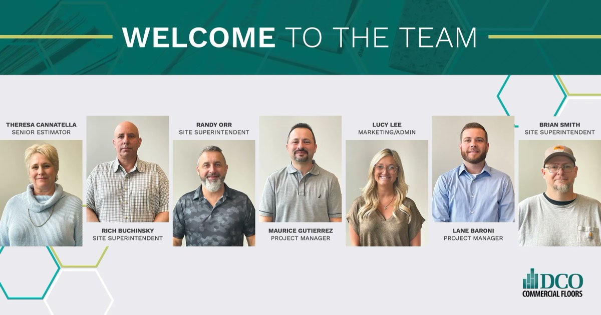 dcocommercial's tweet photo. Join us in welcoming the newest members of our #DCOteam! Welcome aboard Theresa Cannatella, Rich Buchinsky, Randy Orr, Maurice Gutierrez, Lucy Lee, Lane Baroni, and Brian Smith.  We are thrilled to have you #findyourfinish at DCO!

#StayintheknowithDCO #GrowwithDCO https://t.co/HS05xztqp5