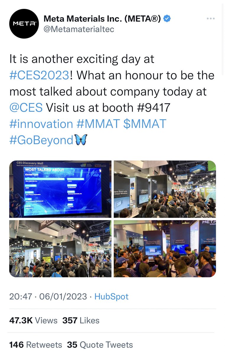Stock_Cube12's tweet photo. $MMAT $MMAX @Metamaterialtec Went from a quick mention a year ago at #CES2022 to being one of the top 10 (NO1 at one point) most talked about company’s at #CES2023 @CES
Doesn’t time fly when you #GoBeyond to #EnableOurFuture #OriginalMETA®️ #Nanoweb®️ #ProblemSolver #MMAT 🦋😉👍🏼 https://t.co/6oYqvRmz1J
