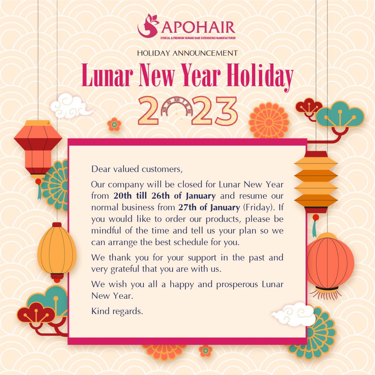 Hello, dear !We'd like to inform you about our upcoming vacation. Please take note, and let me know if you require ANY hair. Please notify me as soon as possible. 🥰🥰🥰