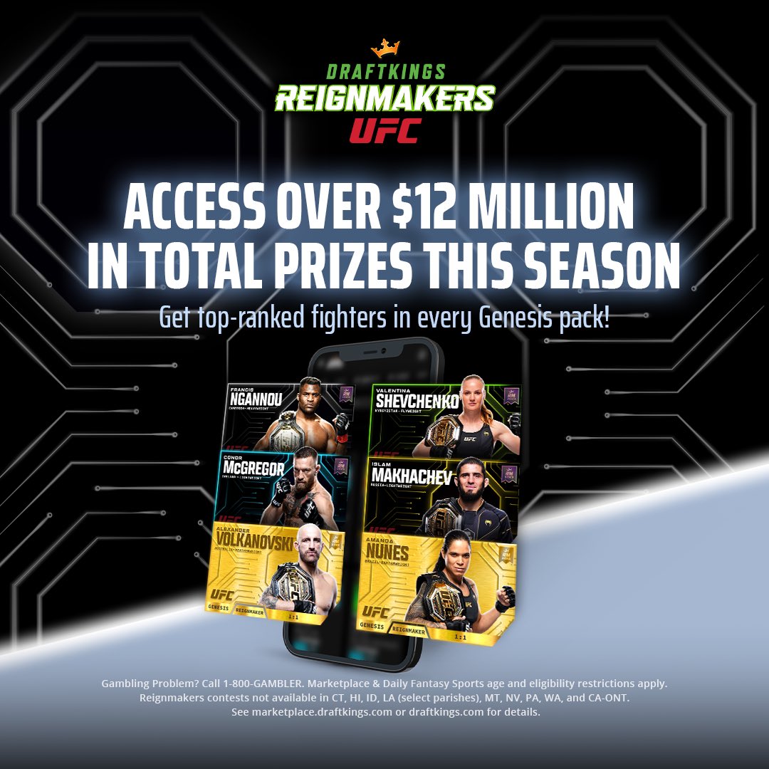 Back again partnering with @draftkings to let you know that the <a href="/DKReignmakers/">DraftKings Reignmakers</a> UFC genesis drop is HERE! 

Build a collection of fighter cards and get in on the action with this digital sport card game.

Use code NFTUPDATE to get your pack! dkng.co/NFTUPDATE #DKPartner