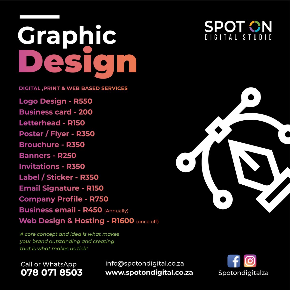 SpotOnDigitalZA's tweet photo. A core concept and idea is what makes
your brand outstanding and creating
that is what makes us tick!
Get Professional graphics design services from us today. #Logo_design #Identity #Graphics #backtoschool #HappyNewYear2023 https://t.co/bOGE687ZU6