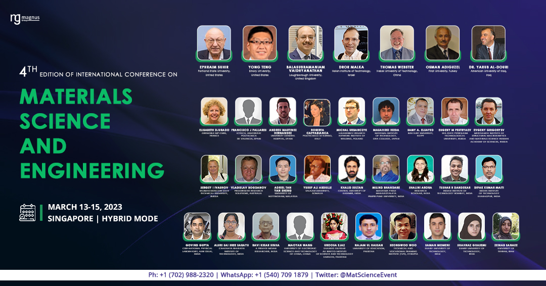 magnus_group's tweet image. Meet our keynote speakers who will be speaking on Various updates in the field of #materialscience and #materialengineering during March 13-15, 2023, in Singapore at &quot;4th Edition of International Conference on Materials Science and Engineering&quot;

#Materials2023