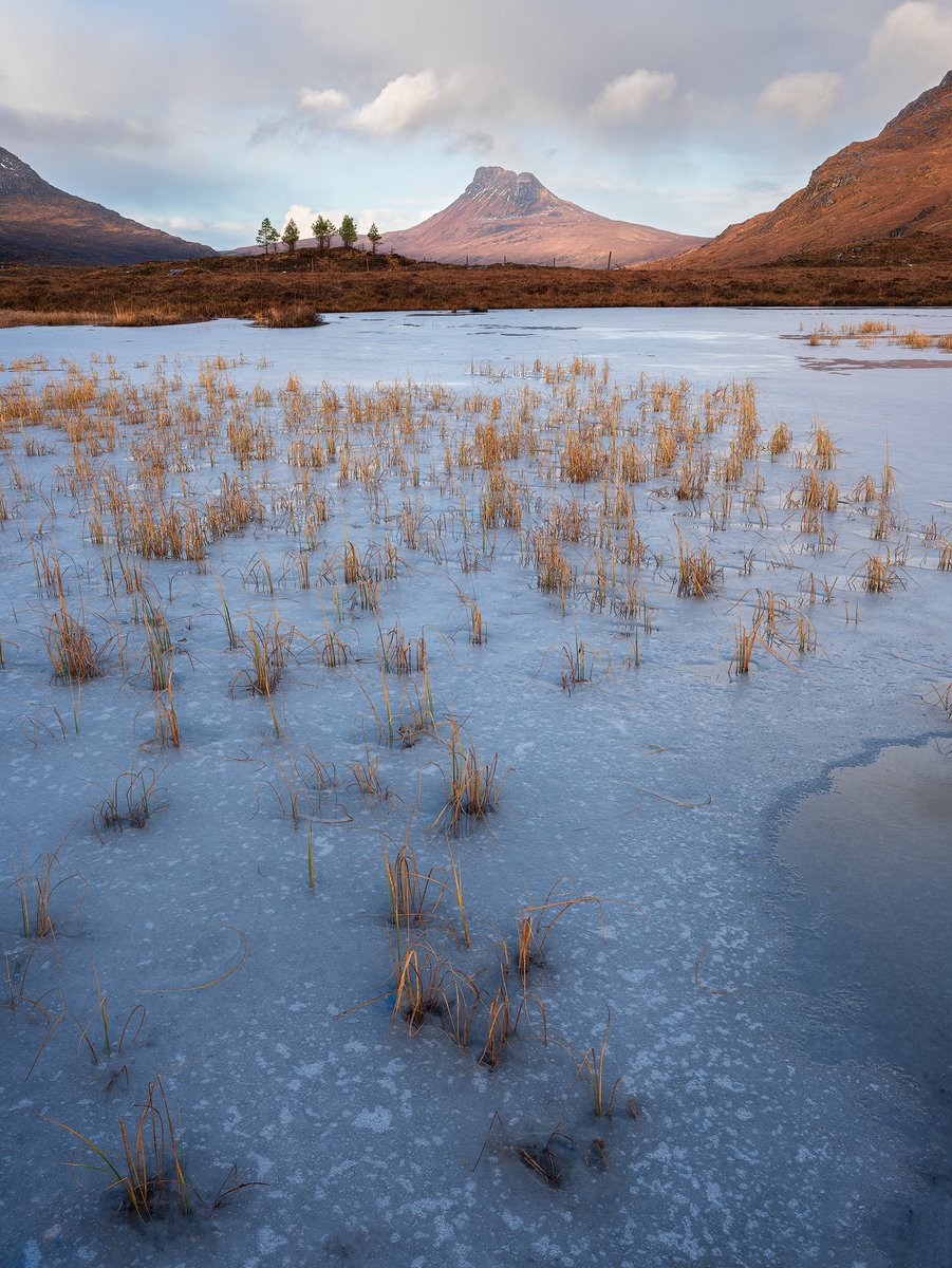 Stac Pollaidh in the Northwest of Scotland. It was a wonderful, cold day and these frozen reeds in the Lochan made for a nice foreground.