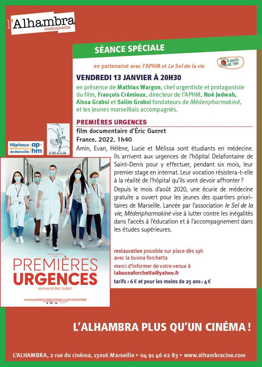 Séance spéciale vendredi 13 à l’Alhambra <a href="/Alhambra13016/">Cinéma l'Alhambra Marseille</a> en partenariat avec <a href="/aphm_actu/">AP-HM - Hôpitaux Universitaires de Marseille</a> et <a href="/LeSeldelaVie1/">Le Sel de la Vie</a> ! “Premières urgences”, film docu suivi d’un débat en présence de <a href="/FCREMIEUX/">François Crémieux</a> <a href="/wargonm/">Mathias Wargon</a> l’association le sel de la vie et les jeunes !