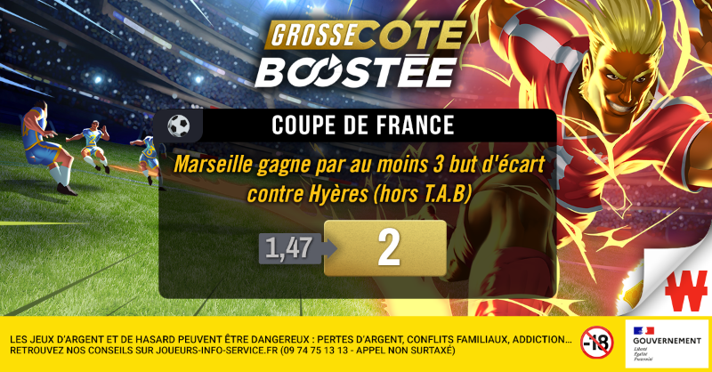 WinamaxSport's tweet photo. C'est pas demain, c'était pas Hyères, c'est maintenant ! 💬

Marseille gagne par au moins trois buts d'écart contre Hyères (hors T.A.B), c'est #LaGrosseCoteBoostée de la journée : 1,47 → 2 ! 🚀
