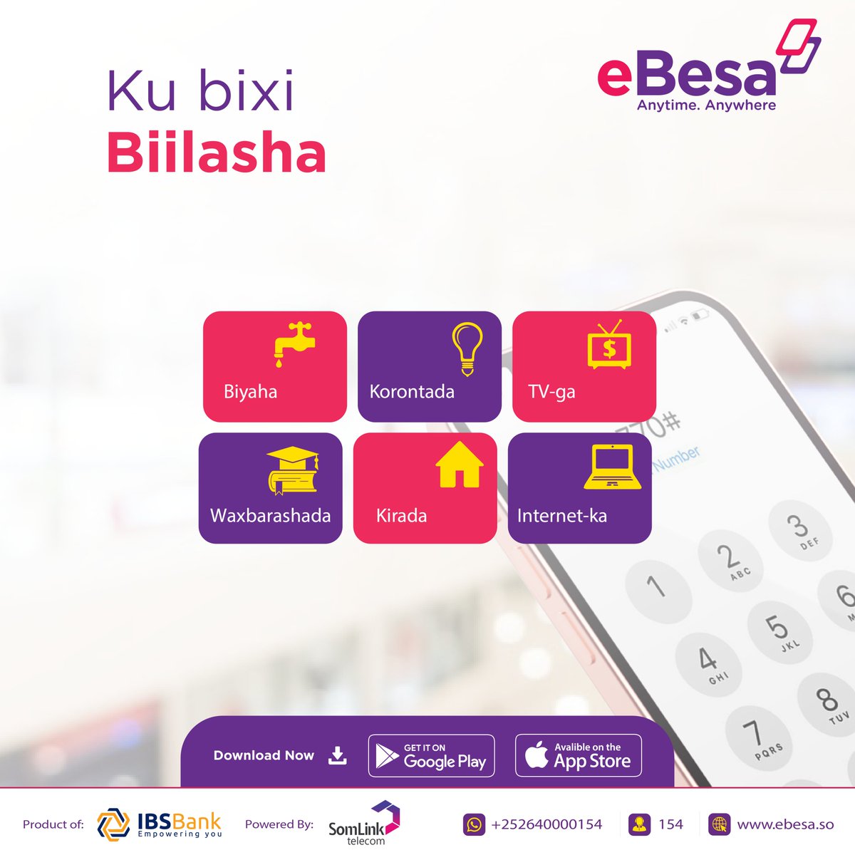 IBSBankSo's tweet photo. Si sahlan u bixi lacagaha sida Biyaha, Korontada, TV-ga, Waxbarashada, Kirada iyo Internetka adigoo isticmaalaya adeega maaliyadeed casriga ah ee eBesa.
eBesa Goobkasta iyo Goorkasta.
#USSD
#MobileMoney
#eBesa https://t.co/X3lsEhGcUa