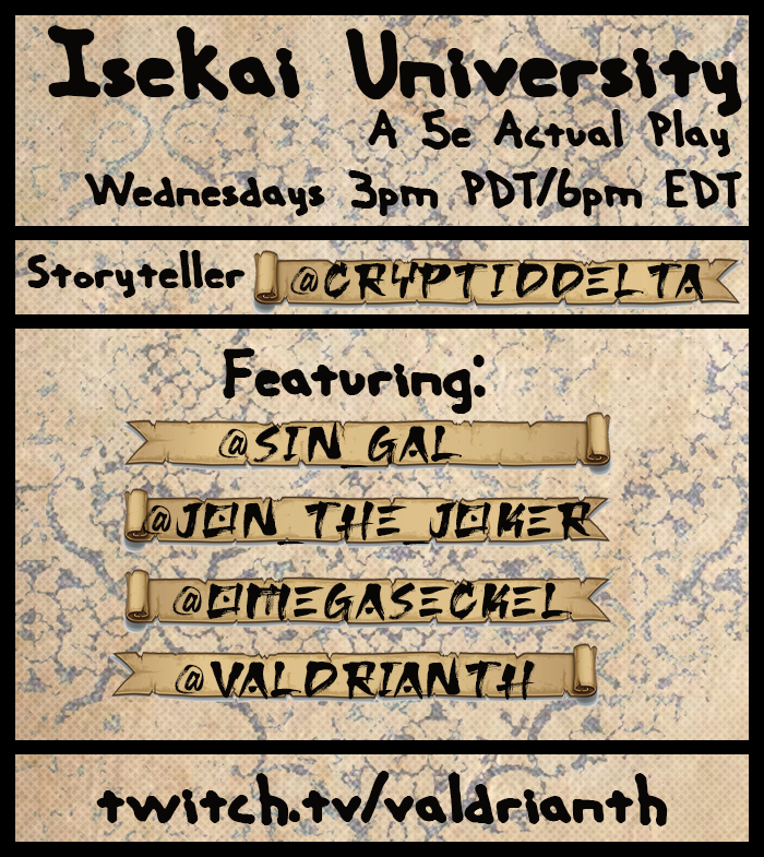 Valdrianth's tweet photo. The absolutely chaotic first season of Isekai University is on YouTube for your viewing pleasure.
https://t.co/FTXjxzYgKw
@CryptidDelta @sin_gal @itsjust__jon @OmegaSeckel @Kit_Verde
#5e #dungeonsanddragons #actualplay #ttrpg #twitch #youtube #ruleslite https://t.co/Udh2brSeOU