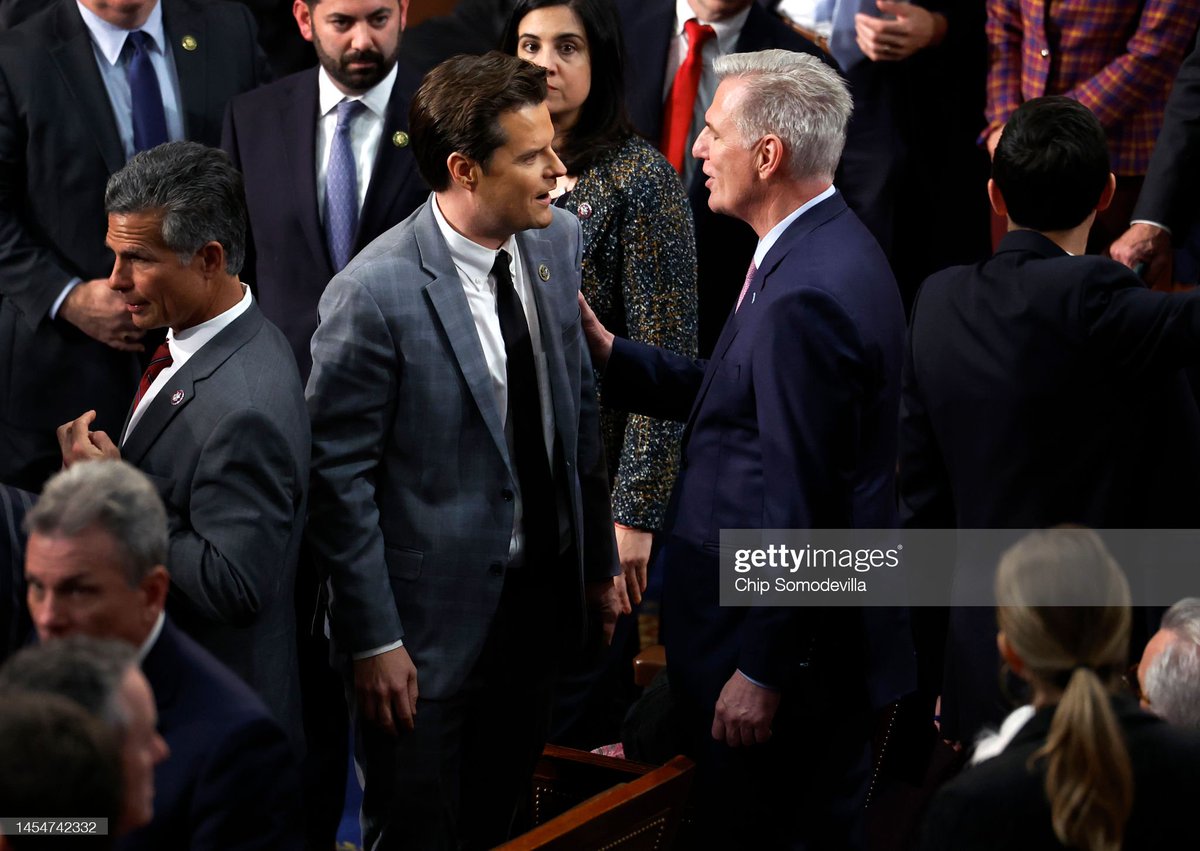 Republican leader Kevin McCarthy talks to Rep.-elect Matt Gaetz before the 15th vote for #SpeakeroftheHouse. 📷: @somogettynews #SpeakerVote