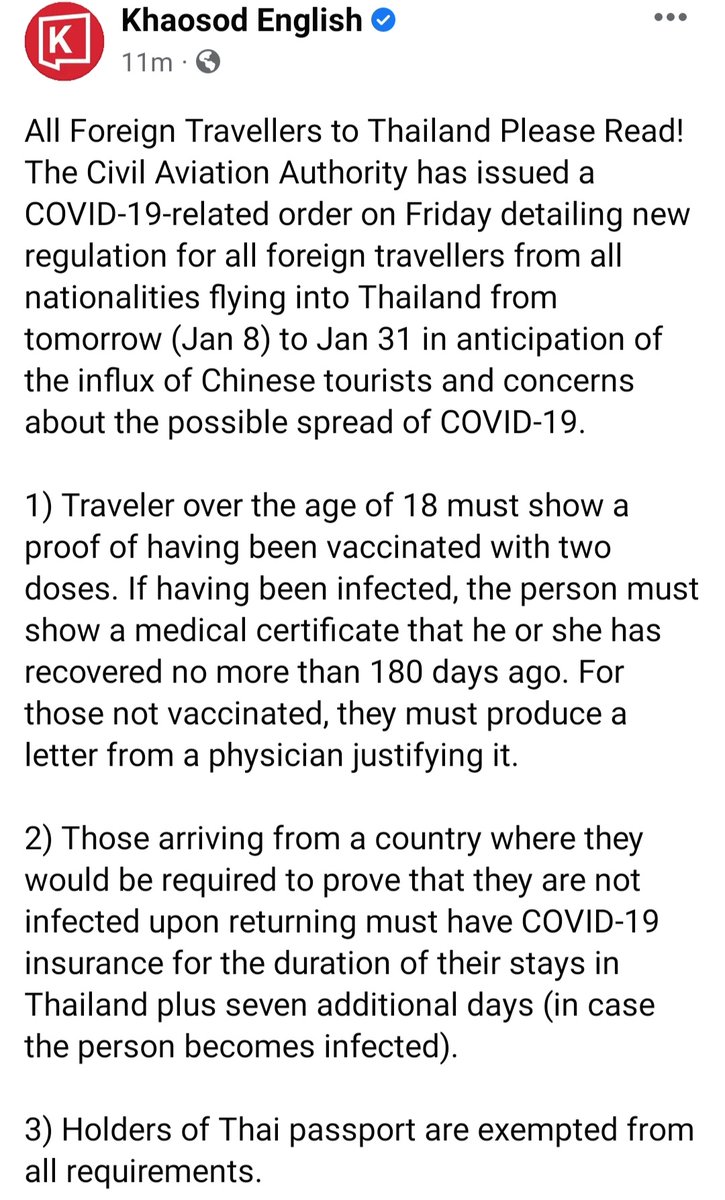 KhaosodEnglish's tweet image. Foreign Travellers to Thailand Pls Read!
The Civil Aviation Authority has issued a #COVID19-related order on Fri detailing new regulation for all foreign travellers flying into #Thailand from tomorrow (Jan 8) to Jan 31 in anticipation of Chinese tourists. #tourism #China