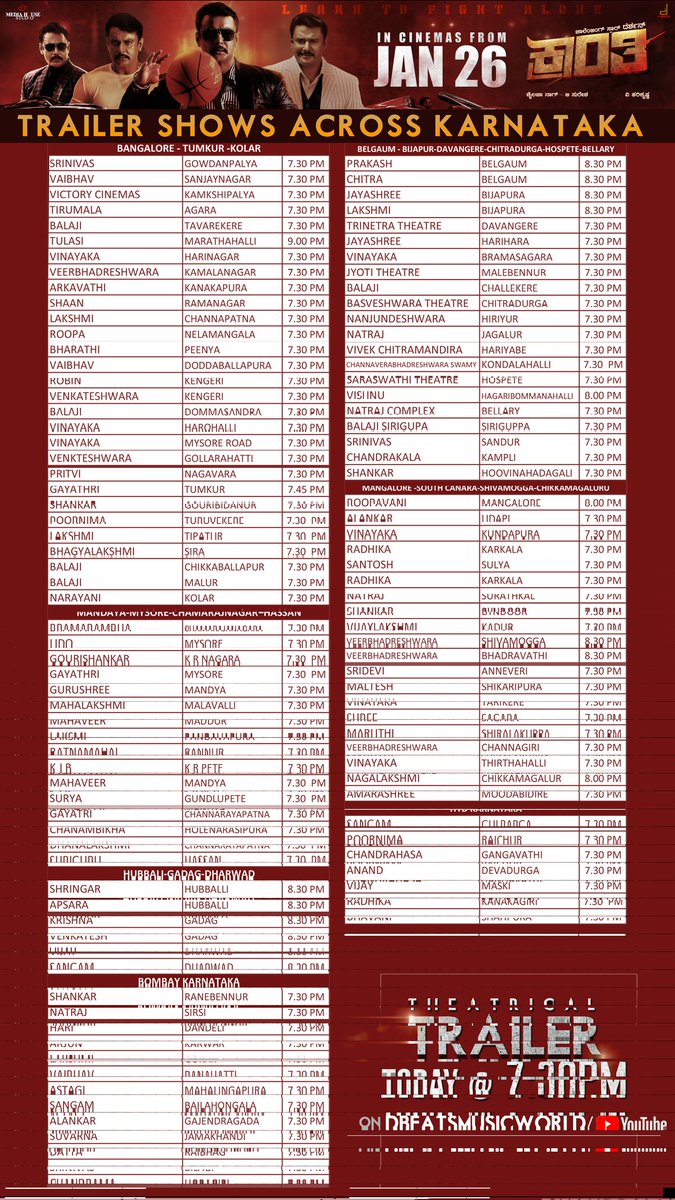 Trailer shows across Karnataka #Kranti trailer is also releasing today @ 7:30pm watch it on #DBeatsMuiscWorld YT Channel #KrantiTrailer #Krantirevolutionfromjan26 #ChallengingStarDarshan #DBoss #Learntofightalone #MediaHouseStudio #ShylajaNag #VHarikrishna #BSuresha