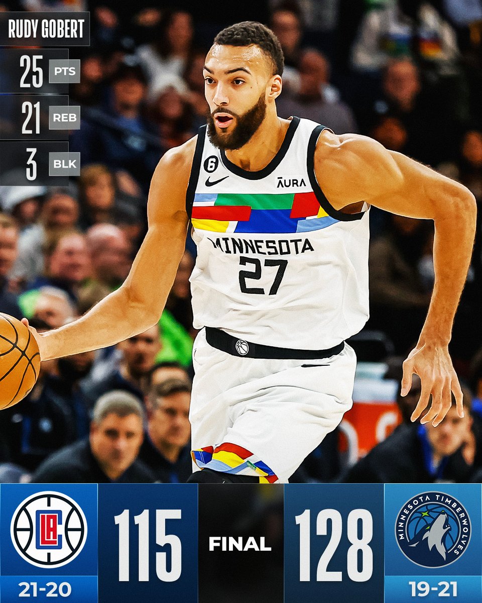 NBA's tweet photo. Rudy Gobert recorded a strong 25/21 double-double as the @Timberwolves got the win at home!

D'Angelo Russell: 25 PTS, 5 REB, 4 AST

For more, download the NBA app:
📲 https://t.co/WFdLNEjikq https://t.co/VY1MxDccyw