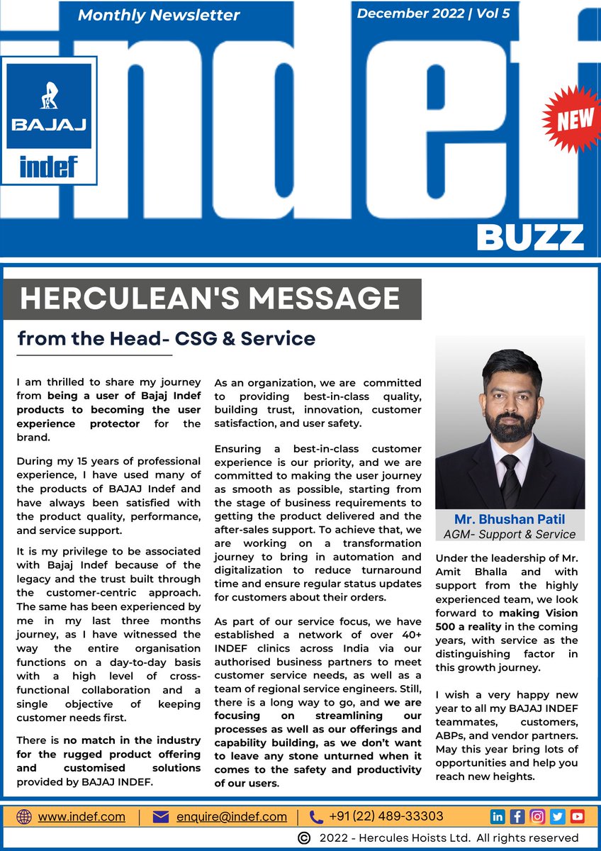bajajindef's tweet photo. The fifth edition of our newsletter, INDEF BUZZ is out!

Check out the complete issue here: https://t.co/6NsA9XzEOh

@JKTyreCorporate @BridgestoneInd @TataPower 

#newsletter #bajajindef #indef #bajaj #MrHercules #herculeshoists #newyear #India #Management #Marketing #SocialMedia https://t.co/Cf5OGECdkU