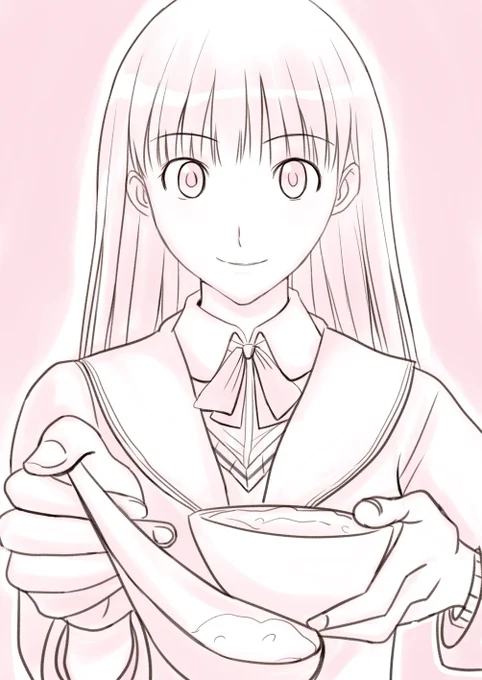 七草粥の日なので昔描いた絢辻さんにおかゆを食べさせてもらうラクガキの再掲(絢辻さんが摘んできたよくわからない草) 