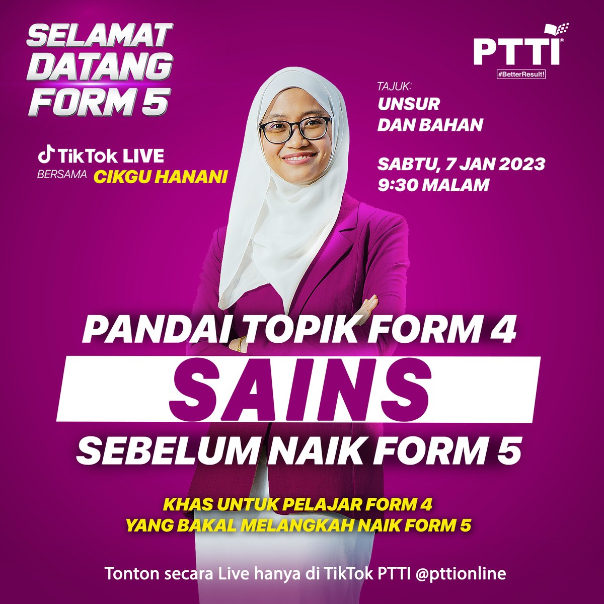 PTTIOfficial's tweet photo. Khas untuk pelajar Form 4 yang bakal melangkah naik Form 5!

Sains susah nak skor A? Korang mesti risau nak jawab apa dalam exam nanti kan. Jom buat ulangkaji malam ni bersama Cikgu Hanani di Tiktok PTTI hari ini pada jam 9:30 malam. Mula buat tindakan awal untuk skor Sains nanti https://t.co/3GOXwNIqLR