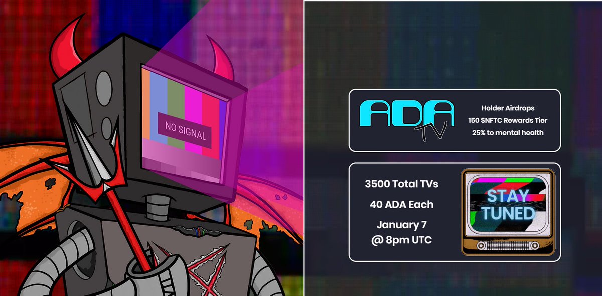 NFTCreativeCA's tweet photo. The ADA TV #NFT public mint is #mintingsoon 🚀

Over 60% already minted! 💪

Holders Enjoy

Server Access 🔑
$NFTC Rewards 🪙
Airdrops 🪂

and more!

25% of all proceeds are donated to @NAMICommunicate for mental illness! 🧠

Mint @ 8pm UTC on https://t.co/gTFITGdXDV

#CardanoADA https://t.co/FC9VYHvu32