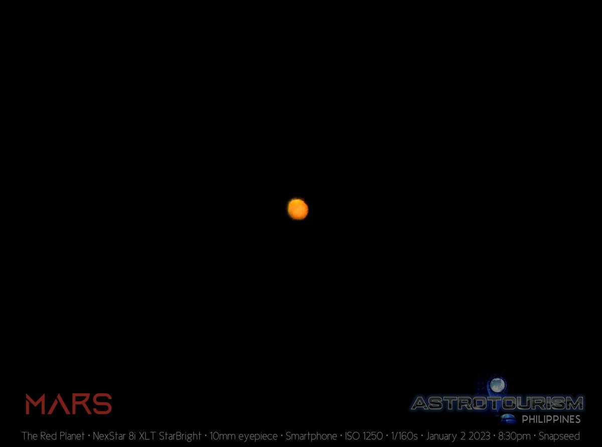 AstroTourismPH's tweet photo. Mars through the camera smartphone attached to a C8 telescope.
#smartphone_astrophotography
#mobileastrophotography
#planet
#planetmars
#mobilephotography 
#Astrophotography 
#astrotourism https://t.co/zz7Tm74POE