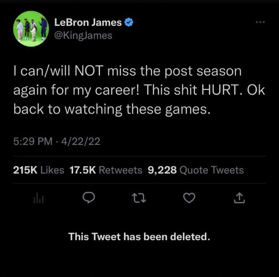 Lebron since deleting this tweet:

34 PPG
8.8 RPG
7.2 APG
5-1 record