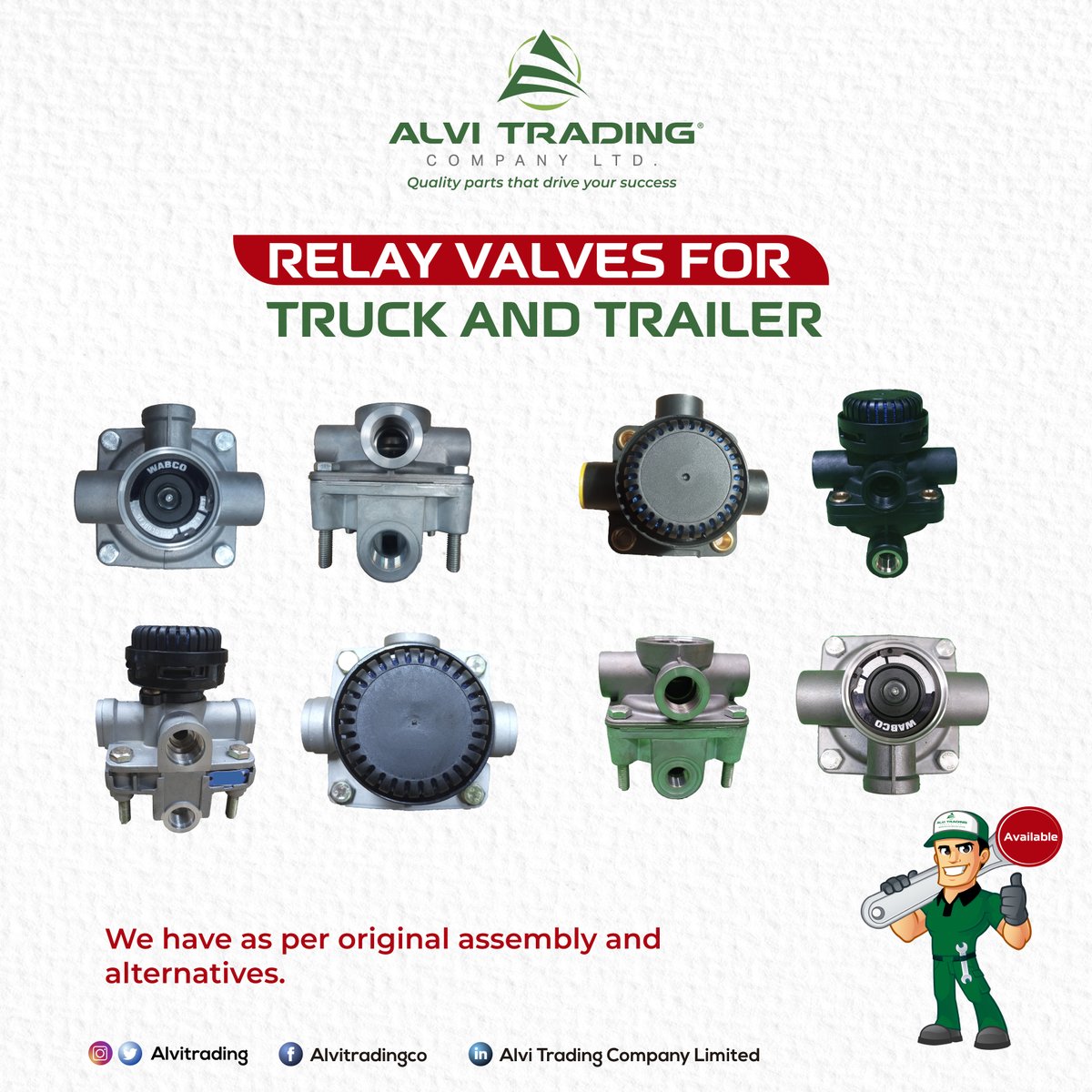 AlviTrading's tweet photo. Did you know?

A relay valve is an air-operated valve typically used in air brake systems to remotely control the brakes at the rear of a heavy truck or semi-trailer in a tractor-trailer combination.
Get genuine Relay Valves for your Truck and Trailers. Available.

#Saturday https://t.co/BduokQ8dW6