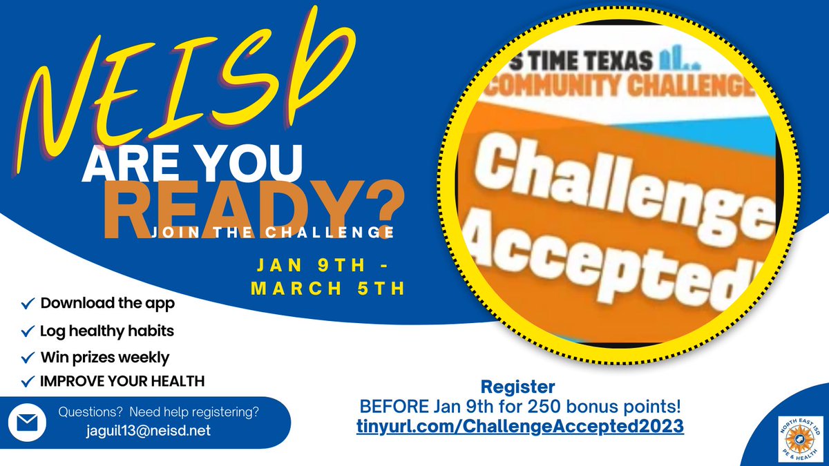 NeisdPE_Health's tweet photo. PLEASE RETWEET! 🙏NEISD Community Unite!💪Be a healthier you in 2023🥗 Join us for the It’s Time Texas Community Challenge! Register before Jan 9th for bonus points! #ChallengeAccepted Register at https://t.co/DeAUA4QY3H https://t.co/bq9sRHe1pq