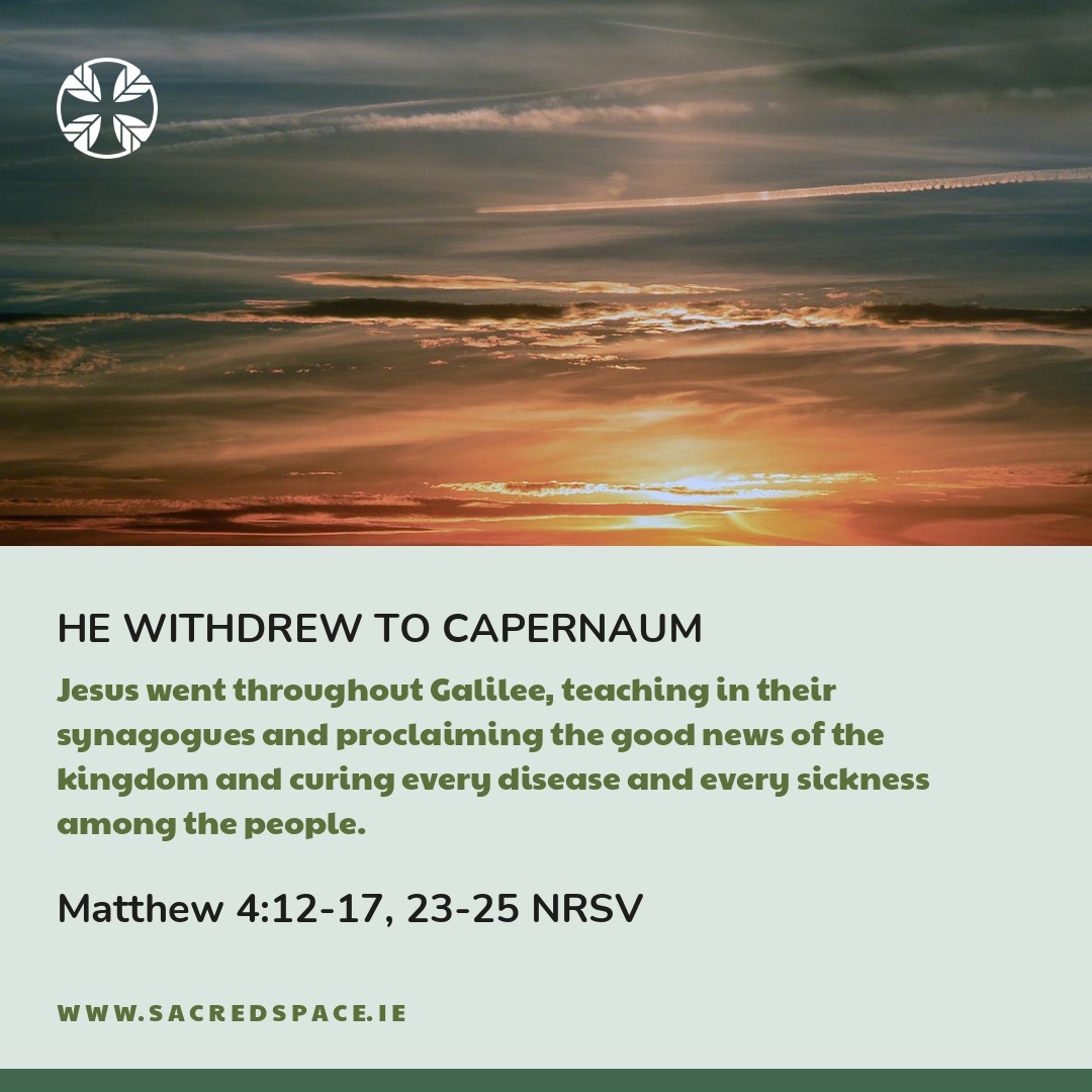 sacredspacepray's tweet photo. When Jesus heard John arrested he made his home in Capernaum by the lake/began 2proclaim 'Repent, kingdom of heavn's come near' thruout Galilee, teaching/proclaiming/curing. His fame spread/crowds followed fr beyond the Jordan.
Mt 4:12-17, 23-25
#discerning #healing #proclaiming https://t.co/uiRQvKgKrB
