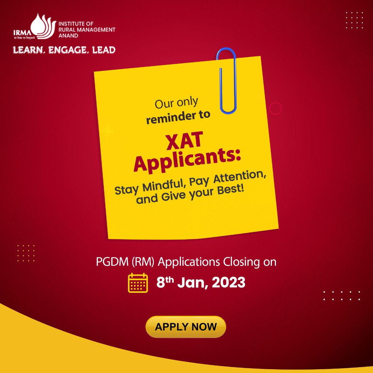 Good luck for your XAT exam. Here’s how you can plan for a future that serves a higher purpose:

Step 1: Apply to IRMA!
Step 2: Ace your XAT!
Step 3: Achieve your dreams!

Applications are closing on 8th January, 2023. Apply here: bit.ly/3FJQ9bC

#IRMA #ruralmanagement