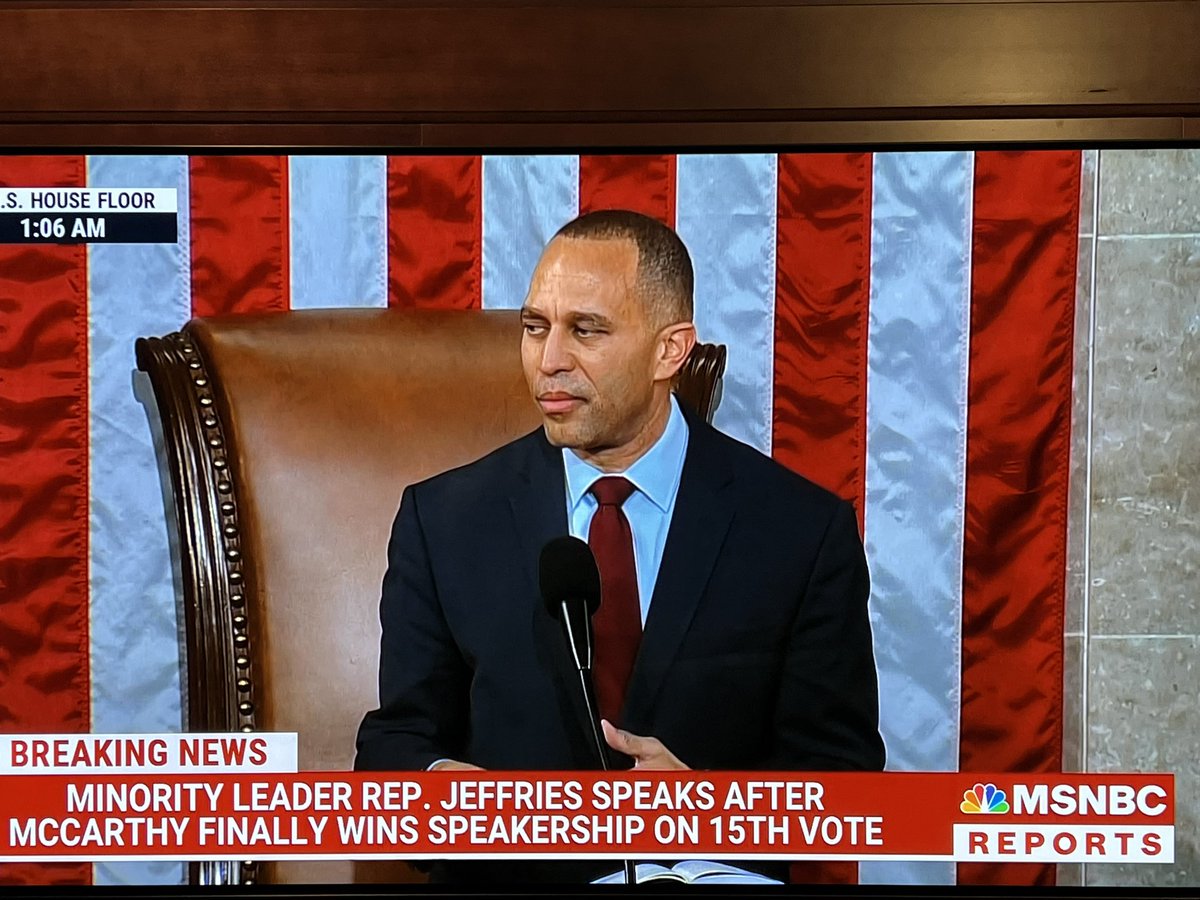 MichaelSteele's tweet photo. @RepJeffries taking the House to Church on what Democrats have done for the country as he “hands the gavel”to @GOPLeader. Republicans are getting restless. Ok, annoyed. After all they’ve waited 15 ballots for this moment. https://t.co/vXhgQRdt15