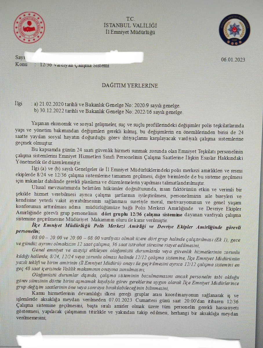 EmniyetSen1's tweet photo. İstanbul’da polis merkezleri ve devriye ekipler amirliği personelinin 12/36 çalışması ile ilgili yazı yayınlandı. Yeni sisteme geçen yerleri gözlemleyeceğiz. Aksaklıkları duyurmaya devam edeceğiz. 
Polis merkezlerini 12/36 yapıp bekçi kardeşlerimizi ayrı tutmak da yanlıştır. https://t.co/GNNY8HQ15W