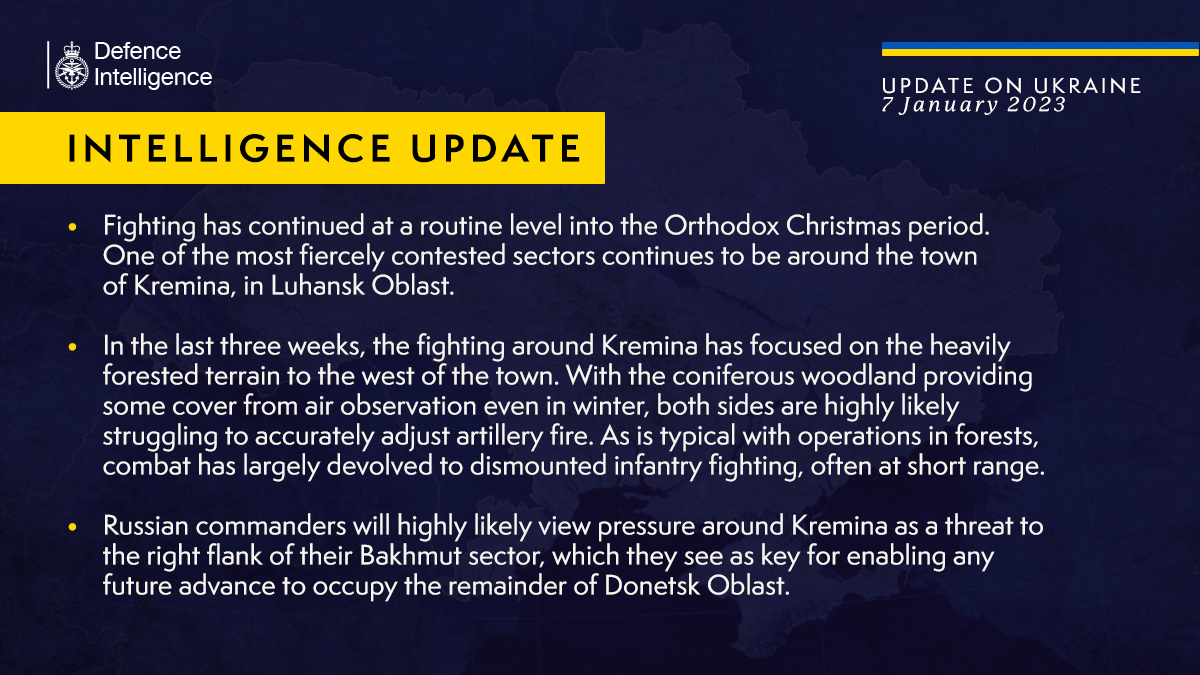 DefenceHQ's tweet photo. Latest Defence Intelligence update on the situation in Ukraine - 7 January 2023
 
Find out more about the UK government's response: https://t.co/VZU0jzivhz

🇺🇦 #StandWithUkraine 🇺🇦 https://t.co/jCenYgCOSZ