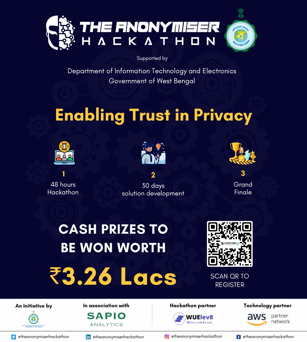 the_anonymiser's tweet photo. Put on your thinking caps and unleash your creativity to build India's one-of-a-kind data anonymiser.

The winning solution will get the privilege to be deployed not only Govt Of West Bengal but with various Govts and Organisations worldwide!

Register at:
https://t.co/KxDkDgqSDF https://t.co/HRTqgy1dIs