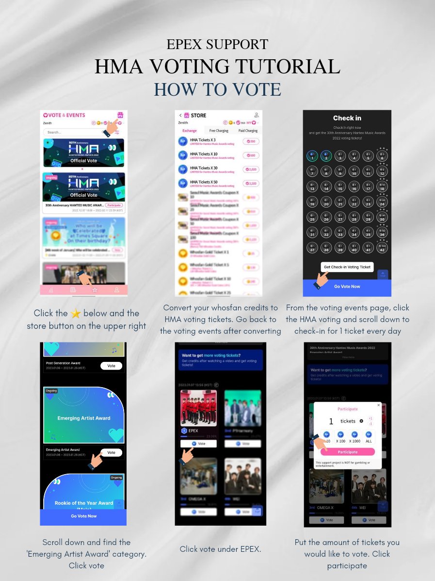 for_epex's tweet photo. [📃] 30th ANNIVERSARY HANTEO MUSIC AWARDS 2022

Here's a tutorial in voting EPEX for Emerging Artist Award

🗳 : HMA Voting Tickets
📆 : Jan 26, 2023 11 KST
🔗 https://t.co/CLdu3E5E3V

If you have questions, please don't hesitate to ask! 💚

#EPEX #이펙스 @the_EPEX @by_EPEX https://t.co/QJKghT6DAA