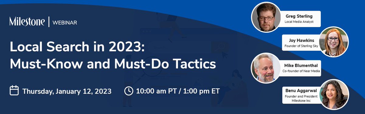 Webinar | Local Search in 2023: Must-Know &amp; Must-Do Tactics

➡️ Learn best practices to drive discovery &amp; customer acquisition in this webinar
 <a href="/JoyanneHawkins/">Joy Hawkins</a> , <a href="/gsterling/">Greg Sterling 🇺🇦</a> , <a href="/mblumenthal/">Mike Blumenthal</a> , &amp; <a href="/BenuAggarwal/">Benu Aggarwal</a> 

🗓 1/12/23
⏰  10:00 AM Pacific
 
Register bit.ly/3vKOFsR