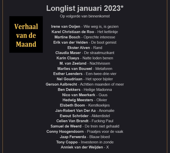 De longlist van januari 2023 is bekend! 
verhaalvdmaand.blogspot.com

#verhaalvdmaand #schrijfwedstrijd #schrijven