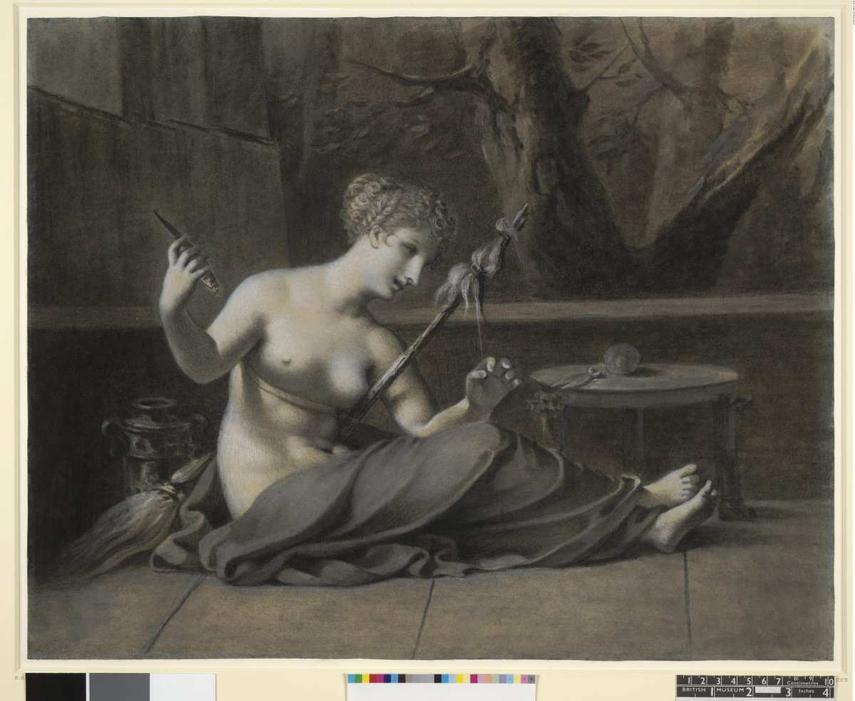 On Medieval #DistaffDay, when women returned to work after Xmas, here are 2 pre-medieval Athenian vase-paintings of women with a distaff, &amp; a French neoclassical Clotho (Fate) spinning the threads of our fates; cutting the spun thread was a major ancient metaphor for mortality.