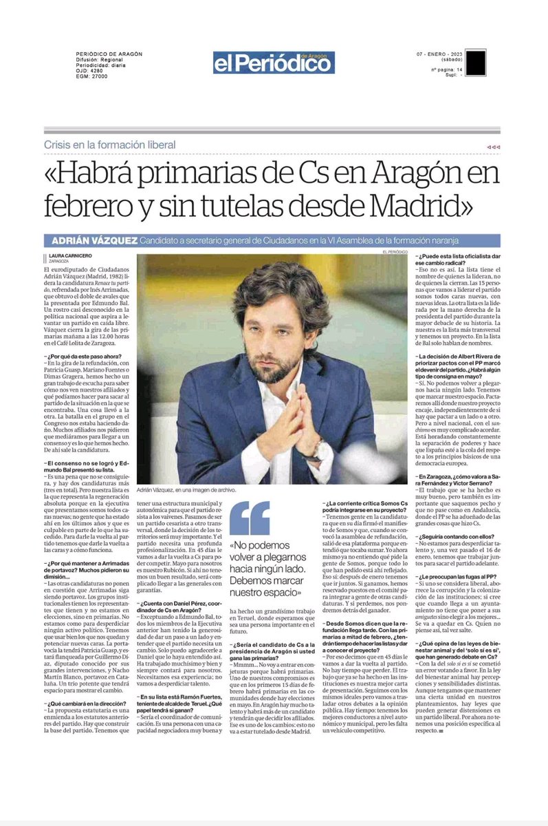 .<a href="/AdrianVL1982/">Adrián Vázquez Lázara 🇪🇦🇪🇺</a>: "Habrá primarias de Cs en Aragón en Febrero y sin tutelas desde Madrid".
Entrevista del eurodiputado de Cs y candidato a la Secretaría General si gana la candidatura #RenaceTuPartido de la que formo parte como candidato a coordinador de comunicación👇