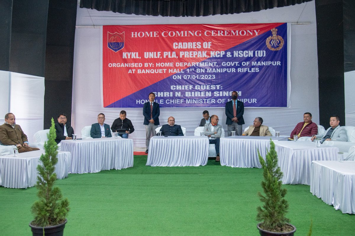 NBirenSingh's tweet photo. I extend a hearty welcome to the 43 cadres of different UG groups for laying down their arms at a homecoming ceremony at 1 MR Banquet Hall, Imphal.

The 43 cadres are- 13 KYKL, 5 PLA/RPF, 5 KCP(N), 11 KCP (PWG), 5 UNLF, 1 PREPAK, 2 PREPAK (PRO), 1 NSCN (U). https://t.co/xh2mEShzxA