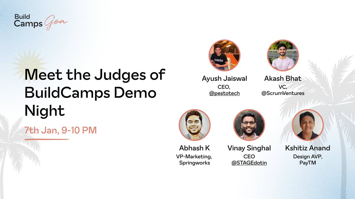 nitprashant's tweet photo. Tonight at 9pm

7 incredible products which have been built at BuildCamps &amp; Build will be demoed in front of a curious audience 🚀

Meet the judges for the night 🎉

You can still join in to witness it LIVE and share your thoughts https://t.co/0jPLYErZlj