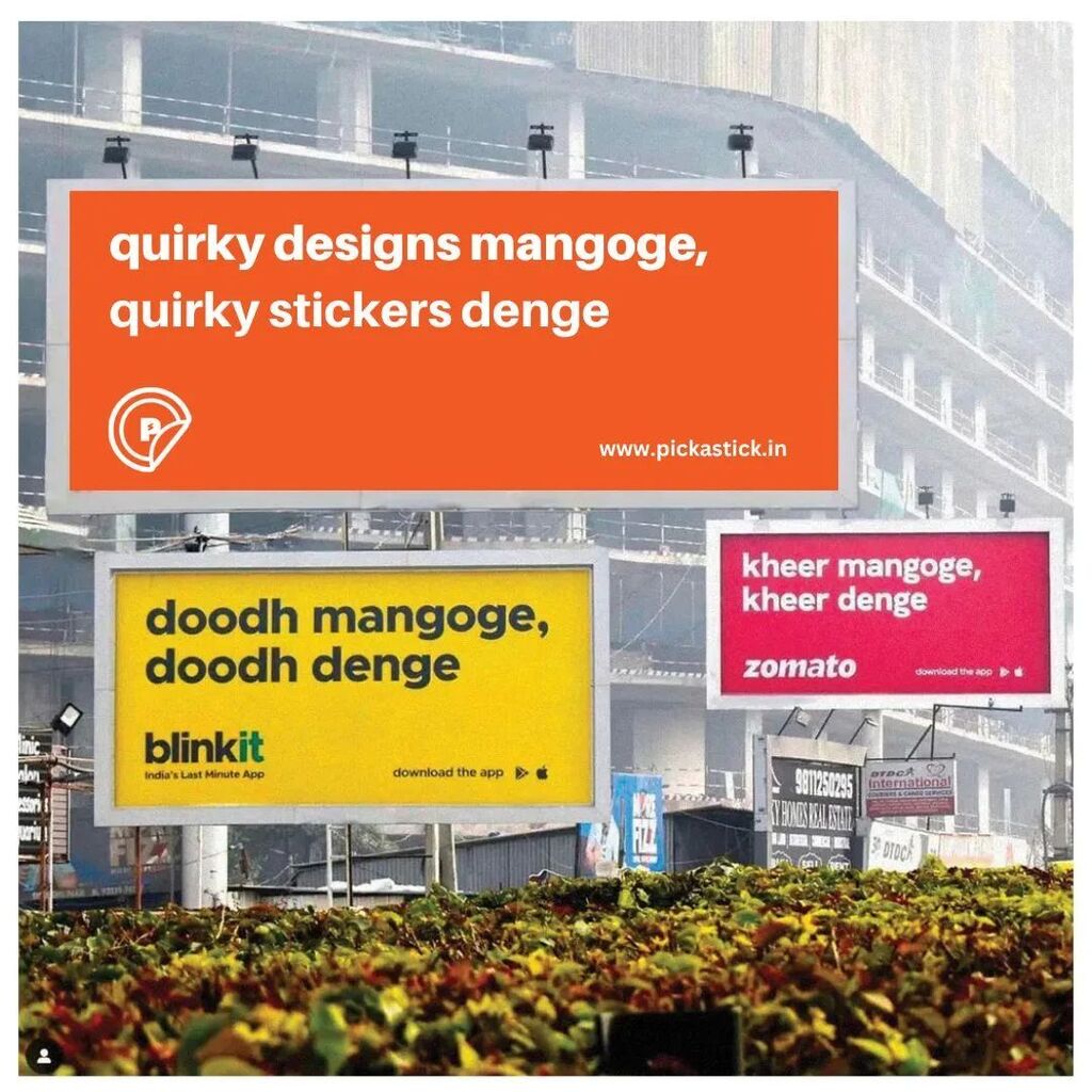 PickaStick2's tweet photo. Stickers mangoge 
Stickers de ge 😉

Joined the #blinkit revolution 
With the #trending statement 🔥

#trend #sticker #stickerbillboard #zomato #blinkitbillboard https://t.co/OBSDaiN5a0 https://t.co/8V2EBe7Aco