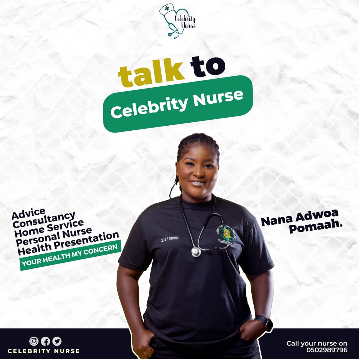 Hi 👋 Lemme introduce myself, Nana Adwoa Pomaah is my name , a nurse 👩🏻‍⚕️ by profession, a sports physiotherapist , a sports journalist and a poetry editor ✍️. I’m available for home service with anything about health. Lemme be your nurse 👩🏻‍⚕️ .
#CelebrityNurse #yourhealthmatters