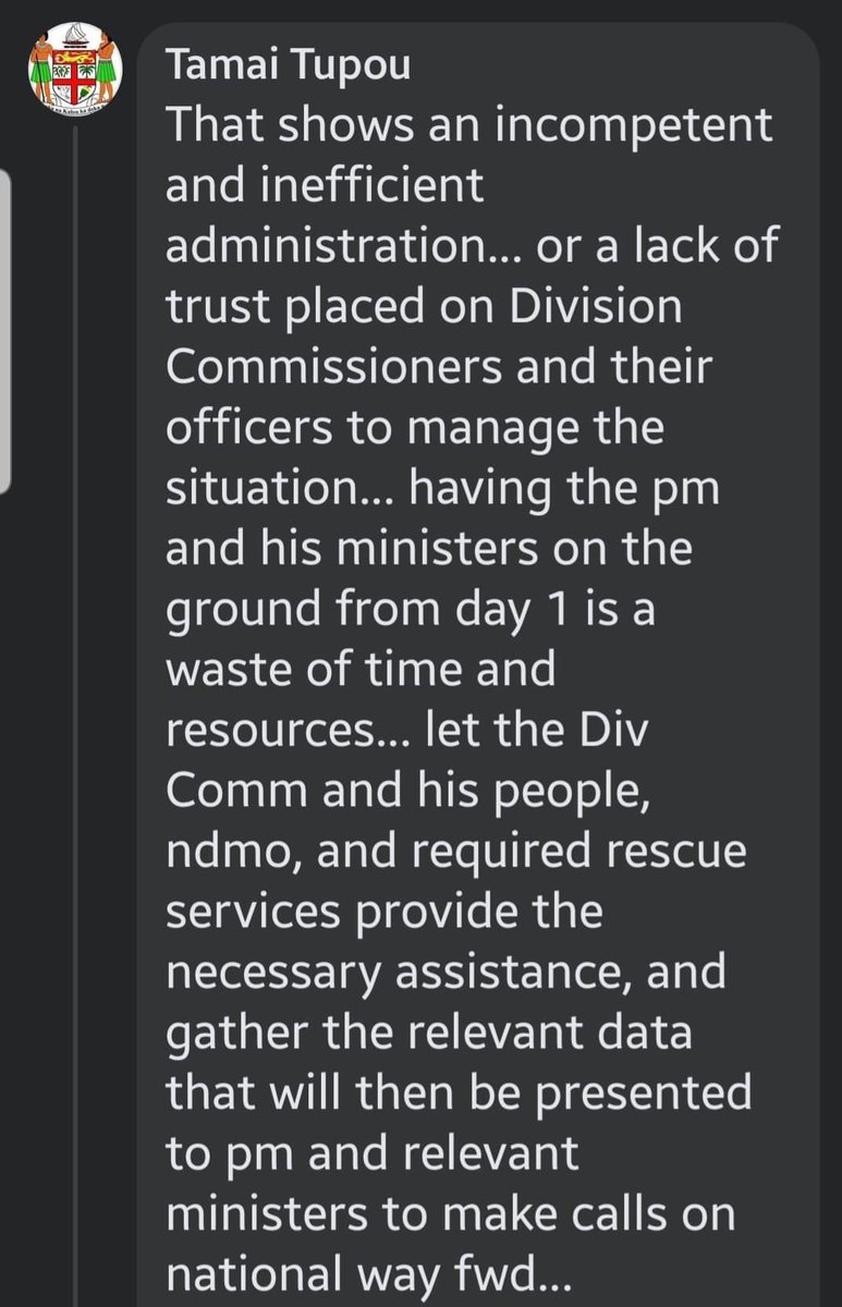 ErnestKGibson's tweet photo. #TeamFiji Mr. Cala tale himself 😂 

But in all seriousness, Tamai Tupou is absolutely correct.

The Prime Minister is not the person that needs be the first on the scene.

The beauty of empowering people within a system is that everyone understands their role and gets on with it https://t.co/e36OEgLkv4