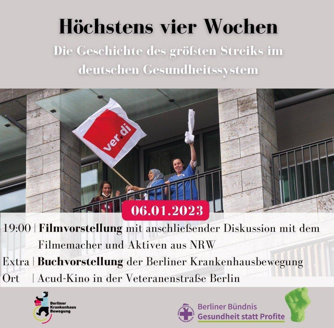 Gestern lief im <a href="/acudkinoberlin/">ACUD Programmkino</a> der Film #Höchstens4Wochen Die Geschichte des größten Streiks im deutschen Gesundheitssystem. Das Kino brach aus allen Nähten, es kamen nicht alle rein. Aktive aus NRW trafen Aktive der <a href="/BerlinerKHB/">Berliner Krankenhausbewegung</a> Leute diskutierten und vernetzten sich im 1/n