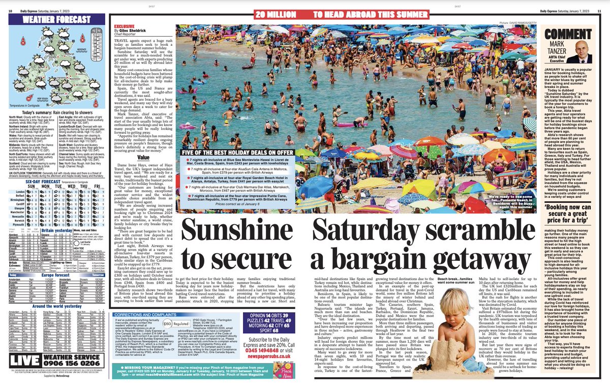 Millions of fed-up families will beat a path to travel agents hoping to bag a bargain on 'Sunshine Saturday' as the race for cut-price, all-inclusive summer holidays starts with 20 million set to fly off later this year to banish three years of Covid blues <a href="/ABTAtravel/">ABTA</a> <a href="/HaysTravel/">Hays Travel</a>