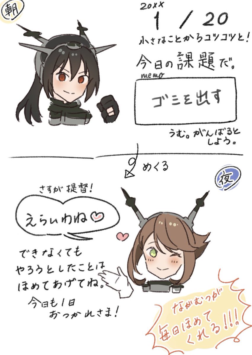 一昨年からずっと長陸奥でカレンダー作りたいけどどういうのがいいか考えてたんですけど、自分がよくその日のタスクを前日の夜や当日の朝に書き出してること思い出して、こういう感じで毎日ながむつが褒めてくれる『自己肯定感爆上がりカレンダー』どうだろうってふわっとアイディア 