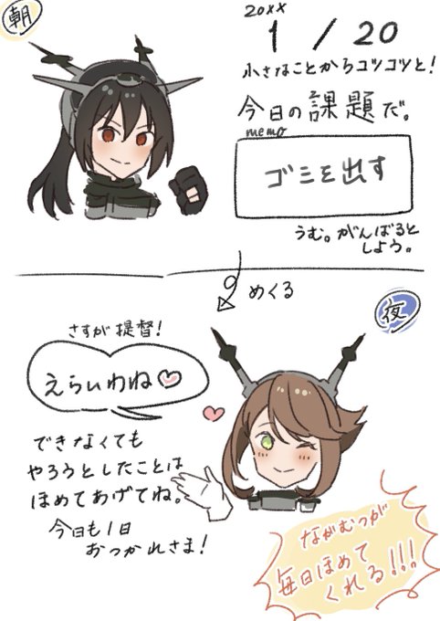一昨年からずっと長陸奥でカレンダー作りたいけどどういうのがいいか考えてたんですけど、自分がよくその日のタスクを前日の夜や当日の朝に書き出してること思い出して、こういう感じで毎日ながむつが褒めてくれる『自己肯定感爆上がりカレンダー』どうだろうってふわっとアイディア 