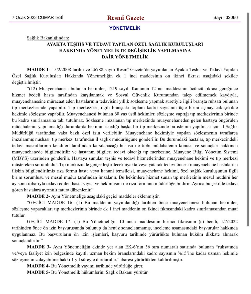 Sağlık Bakanlığının 7 Ocak 2023 tarihli resmi gazetede yayınlandığı yönetmelik değişikliği hekim haklarını geriye götüren 
Özellikle gelecek nesillerin mesleki özgürlüklerini ellerinden alan yasakçı bir düzenlemedir…

6 Ekim yönetmeliği tamamen geri çekilmelidir <a href="/drfahrettinkoca/">Dr. Fahrettin Koca</a>