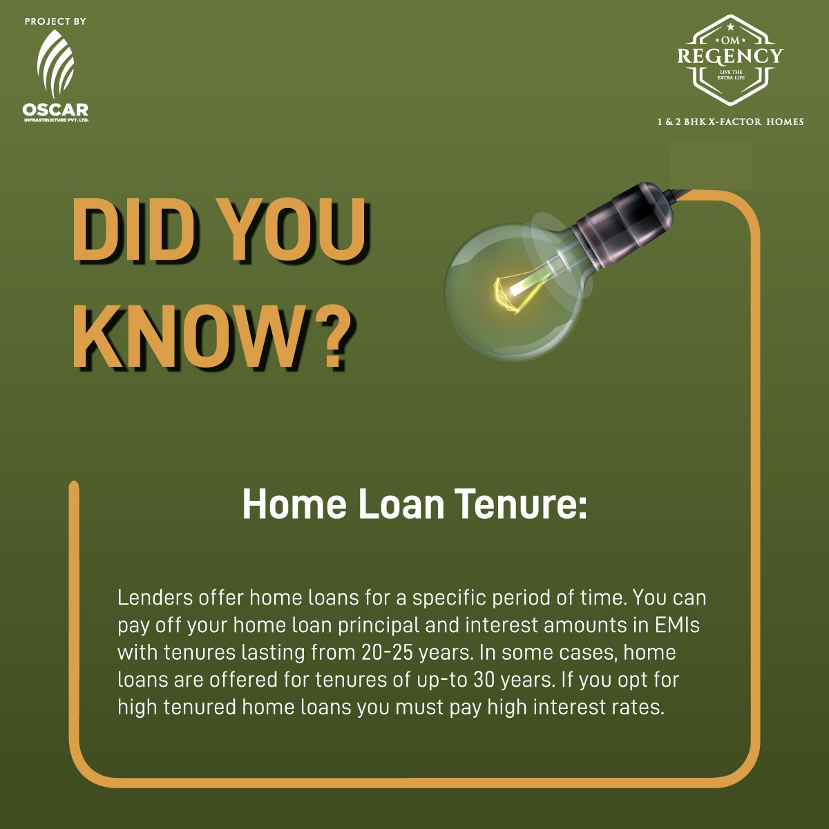 OmRegency's tweet image. Home Loan Tenure

#OscarInfrastructure #OmRegency #Taloja #DidYouKnow #HomeLoan #Tenure #Finance #RealEstate #property #NaviMumbai