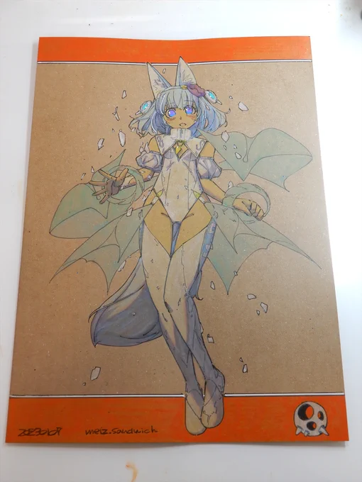 【アナログ1897:吹雪の羽】A4クラフト用紙に水彩。上下枠は朱墨です。キャラの立ち絵単体は結構珍しいかも…。#水彩 #狐娘 #アナログ絵 #原画 