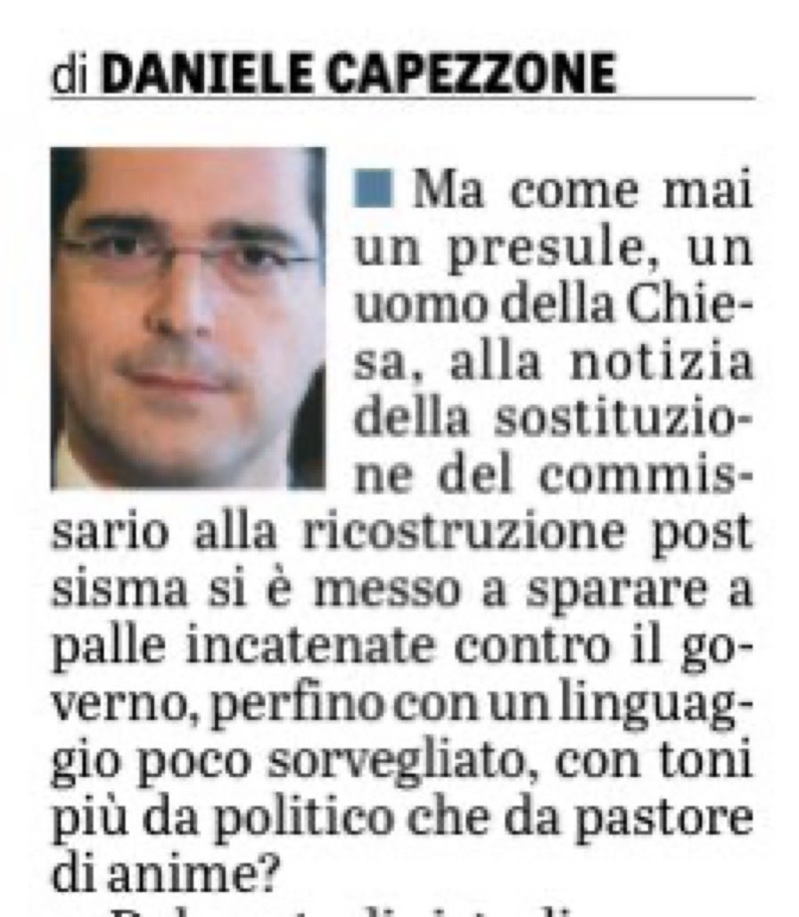 Capezzone's tweet photo. ++Oggi su @laveritaweb 💣++
Ma come mai un pastore di anime spara a palle incatenate contro la sostituzione del commissario alla ricostruzione postsisma? Ferma restando buonafede e correttezza di tutti (di cui non si dubita), ci sono forse 42milioni di ragioni per essere nervoso? https://t.co/vANtgGTIZT