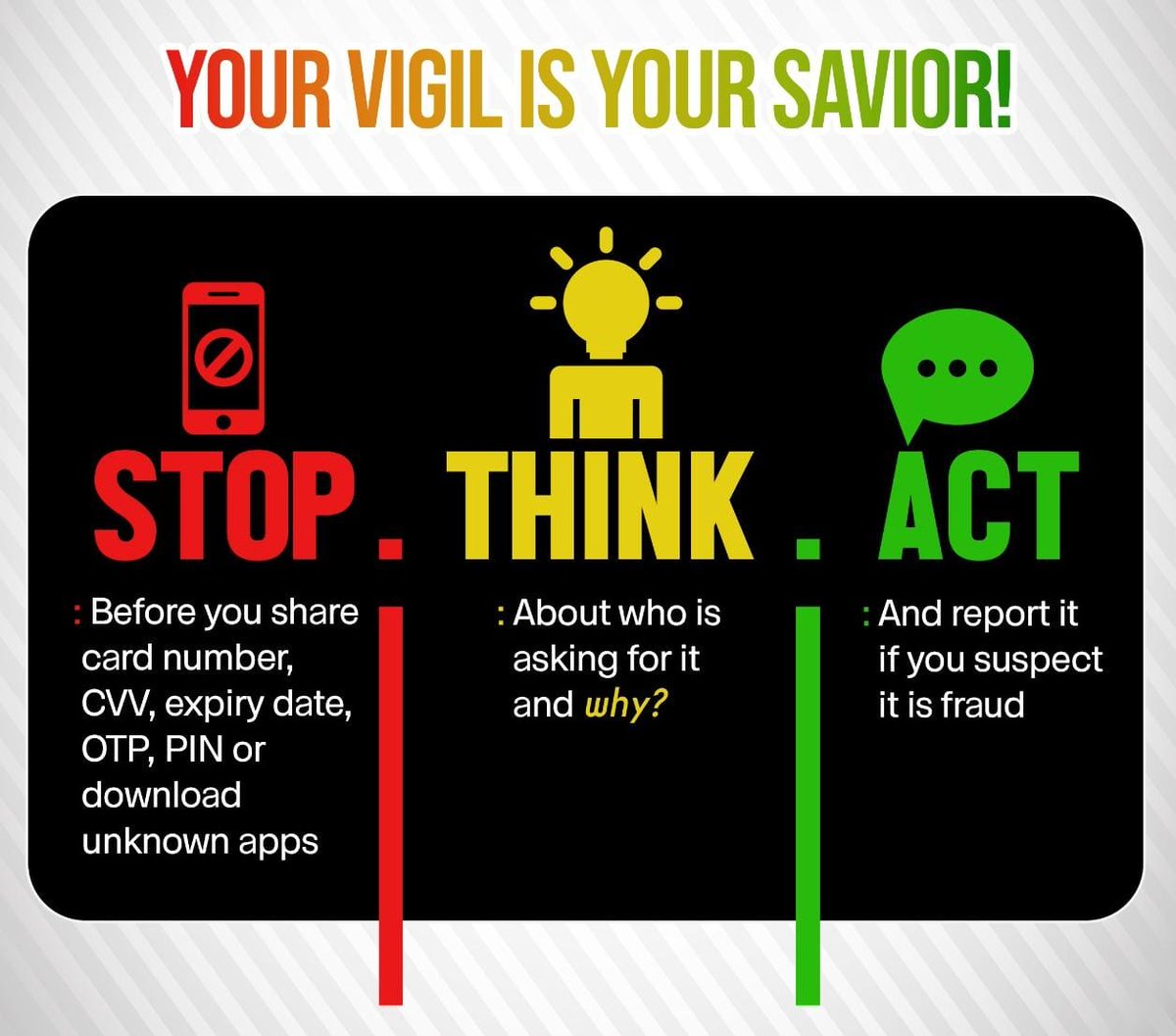 Your vigil is your safety.
 #StopLookGo #CyberSafetyTips #CyberAwareness   #StaySafeOnline #OTP #BeVigilant #CyberSafe #StopThinkAct
@Cpadpc @dcp_durgapur @DCPWestADPC @DCPCentralADPC