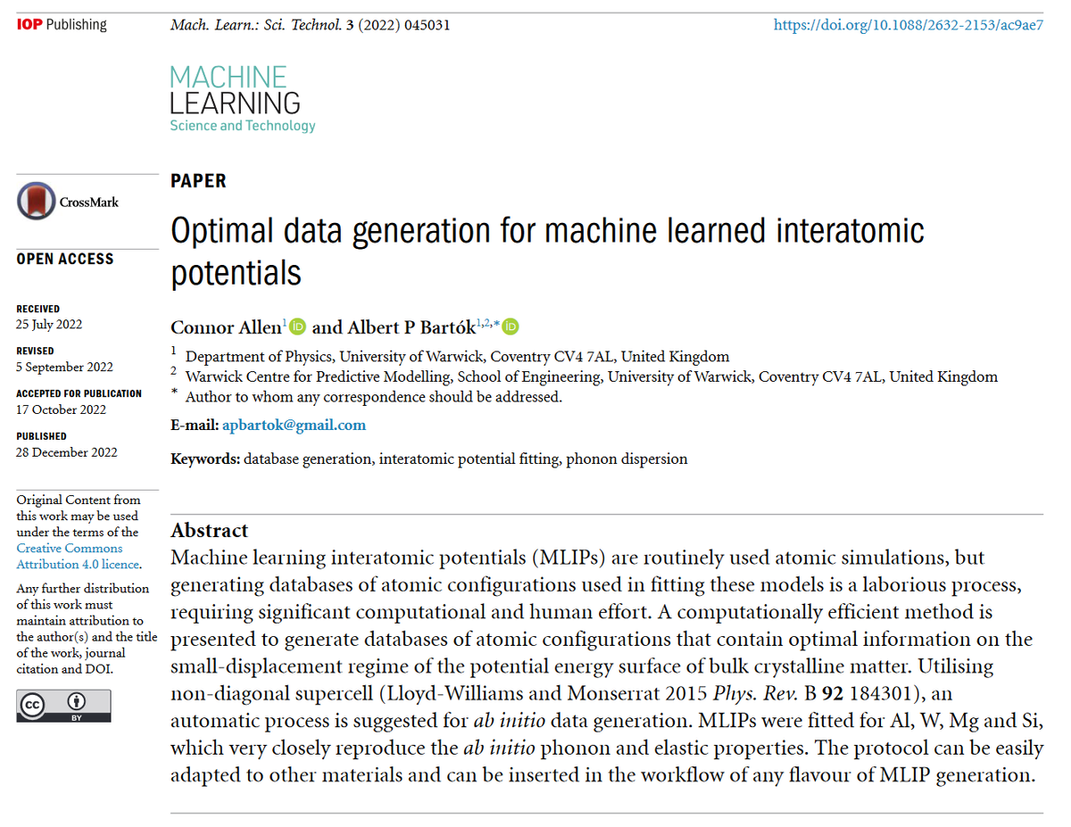 MLSTjournal's tweet photo. 'Optimal data generation for machine learned #interatomic potentials' by @ChuggyChungus and @apbartok @HetSysCDT @WarwickPhysics @WarwickEngineer hits 500 downloads! https://t.co/A1gSFNparj #machinelearning #compchem #materials #HPC #simulation #AI #DFT #condmat #bigdata https://t.co/BhlOvzfhoN